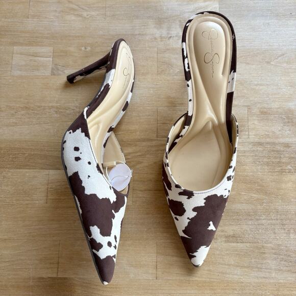 Jessica Simpson Cow Print Heels Stiletto Pointed Toe 9M Mules NWT Western Bold - Picture 1 of 8